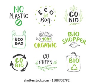 Eco and Bio Hand Drawn labels Set. Calligraphic Letterings with eco friendly sketch doodle elements. Vector illustration.