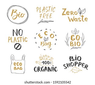 Eco and Bio Hand Drawn labels Set. Calligraphic Letterings with eco friendly sketch doodle elements. Vector illustration.