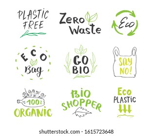 Eco and Bio Hand Drawn labels Set. Calligraphic Letterings with eco friendly sketch doodle elements. Vector illustration.