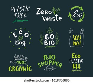 Eco and Bio Hand Drawn labels Set. Calligraphic Letterings with eco friendly sketch doodle elements. Vector illustration.
