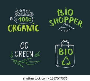 Eco and Bio Hand Drawn labels Set. Calligraphic Letterings with eco friendly sketch doodle elements. Vector illustration.