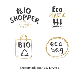 Juego de etiquetas Eco y Bio Hand Drawn. Letras caligráficas con elementos de doodle de dibujo ecológicos. Ilustración vectorial.