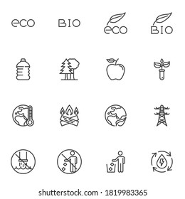 Eco, bio line icons set, outline vector symbol collection, linear style pictogram pack. Signs, logo illustration. Set includes icons as organic food, plastic bottle, global warming, renewable energy