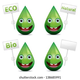 Eco, bio, natural drop smiling face (emoticon) with board banner on white background.