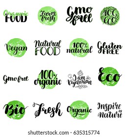 Eco, Bio, Organic, Gluten free, Natural food, Vegan Lettering. Modern Hand Drawn Ecological Icons and Badges against green circle. Brush Calligraphy Creative Set. Vector illustration.