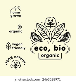 Eco, Bio, Bio-Ikone, Label, Logo. Für heimische, vegan-freundliche, natürliche Produkte