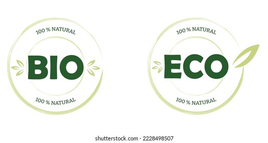 Eco, bio, organic and natural products sticker, label, badge and logo. Ecology icon. Logo template with green leaves for organic and eco friendly products. Vector illustration