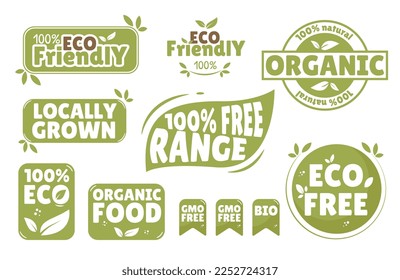 Eco, bio, organic and natural products sticker, label, badge and logo. Ecology vector icon.