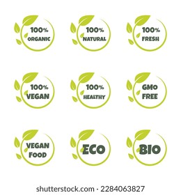 Eco, bio, organic and natural products sticker, label, badge and logo.
Ecology icon. Logo template with green leaves for organic and eco
friendly products. Vector illustration.