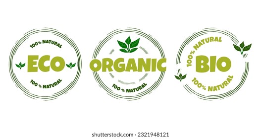 Eco, bio, organic and natural products sticker,vector  label, badge and logo. Ecology icon. Logo template with green leaves for organic and eco friendly products. 