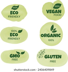 Eco, bio, organic and natural products sticker, label, badge and logo. Ecology icon. Logo template with green leaves for organic and eco friendly products. Vector illustration