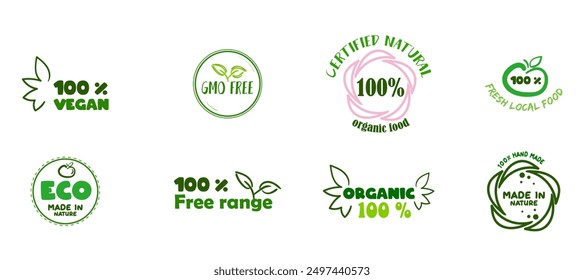 Öko-, Bio-, Bio- und Naturprodukte Aufkleber, Etikett, Plakette und Logo. Symbol für Ökologie. Logo-Vorlage mit grünen Blättern Elemente für Bio und Öko, vegan, 100 Prozent natürlich