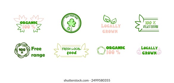 Öko-, Bio-, Bio- und Naturprodukte Aufkleber, Etikett, Plakette und Logo. Symbol für Ökologie. Logo-Vorlage mit grünen Blättern Elemente für Bio und Öko, vegan, 100 Prozent natürlich