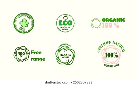 Öko-, Bio-, Bio- und Naturprodukte Aufkleber, Etikett, Plakette und Logo. Symbol für Ökologie. Logo-Vorlage mit grünen Blättern Elemente für Bio und Öko, vegan, 100 Prozent natürlich