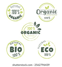 Eco, bio, organic and natural products sticker, label, badge and logo.Ecology icon. Logo template with green leaves for organic and ecofriendly products. 
Set in pink and green colors