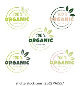 Eco, bio, organic and natural products sticker, label, badge and logo. Ecology icon. Logo template with green leaves for organic and eco friendly products.
Set in pink and green colors