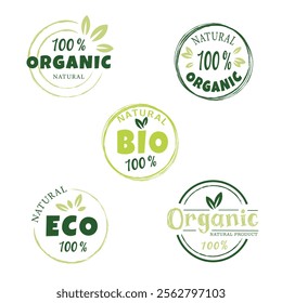 Eco, bio, organic and natural products sticker, label, badge and logo. Ecology icon. Logo template with green leaves for organic and eco friendly products. Set in light green and dark green colors