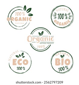 Eco, bio, organic and natural products sticker, label, badge and logo. Ecology icon. Logo template with green leaves for organic and eco friendly products. Vector illustration. Set