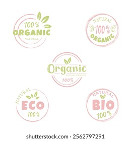 Eco, bio, organic and natural products sticker, label, badge and logo. Ecology icon. Logo template with green leaves for organic and eco friendly products. 
Set in pink and green colors