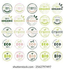 Eco, bio, organic and natural products sticker, label, badge and logo. Ecology icon. Logo template with green leaves for organic and eco friendly products. Vector illustration. Big set