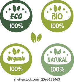 Eco, bio, organic and natural products sticker, label, badge and logo. Ecology icon. Logo with green leaves for organic and eco friendly products. Vector illustration.