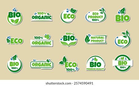 Eco, bio, organic and natural products sticker, label, badge and logo. Ecology icon. Logo template with green leaves for organic and eco friendly products. Vector illustration