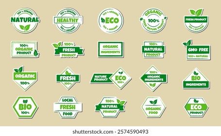 Eco, bio, organic and natural products sticker, label, badge and logo. Ecology icon. Logo template with green leaves for organic and eco friendly products. Vector illustration