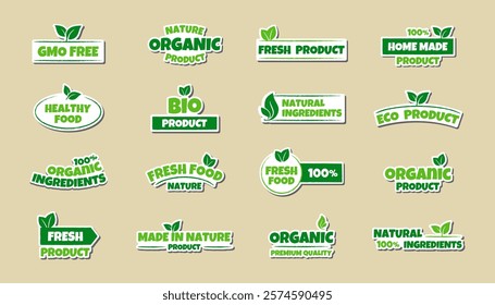 Eco, bio, organic and natural products sticker, label, badge and logo. Ecology icon. Logo template with green leaves for organic and eco friendly products. Vector illustration