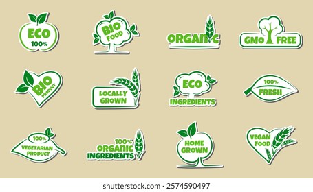 Eco, bio, organic and natural products sticker, label, badge and logo. Ecology icon. Logo template with green leaves for organic and eco friendly products. Vector illustration