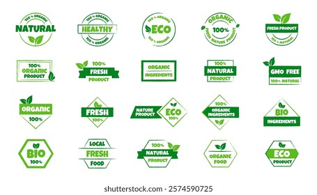 Eco, bio, organic and natural products sticker, label, badge and logo. Ecology icon. Logo template with green leaves for organic and eco friendly products. Vector illustration