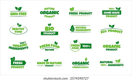 Eco, bio, organic and natural products sticker, label, badge and logo. Ecology icon. Logo template with green leaves for organic and eco friendly products. Vector illustration