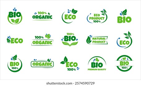 Eco, bio, organic and natural products sticker, label, badge and logo. Ecology icon. Logo template with green leaves for organic and eco friendly products. Vector illustration