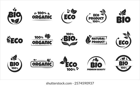 Eco, bio, organic and natural products sticker, label, badge and logo. Ecology icon. Black logo template for organic and eco-friendly products. Vector illustration