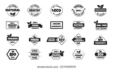 Eco, bio, organic and natural products sticker, label, badge and logo. Ecology icon. Black logo template for organic and eco-friendly products. Vector illustration