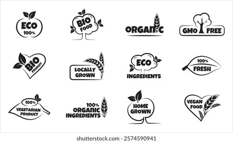 Eco, bio, organic and natural products sticker, label, badge and logo. Ecology icon. Black logo template for organic and eco-friendly products. Vector illustration