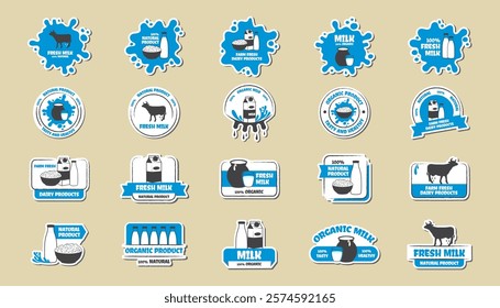 Eco, bio, organic and natural products sticker, label, badge and logo. Ecology icon. Logo template with blue details for dairy products. Vector illustration