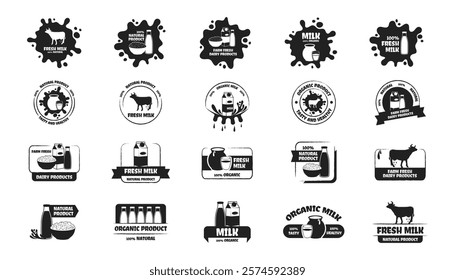 Eco, bio, organic and natural products sticker, label, badge and logo. Ecology icon. Black logo template for dairy products. Vector illustration
