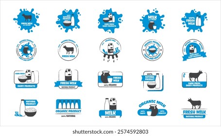 Eco, bio, organic and natural products sticker, label, badge and logo. Ecology icon. Logo template with blue details for dairy products. Vector illustration