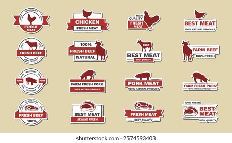 Eco, bio, organic and natural products sticker, label, badge and logo. Ecology icon. Logo template with red details for meat products.Vector illustration