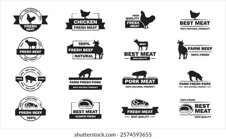 Eco, bio, organic and natural products sticker, label, badge and logo. Ecology icon. Black logo template for meat products. Vector illustration