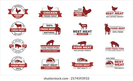 Eco, bio, organic and natural products sticker, label, badge and logo. Ecology icon. Logo template with red details for meat products.Vector illustration