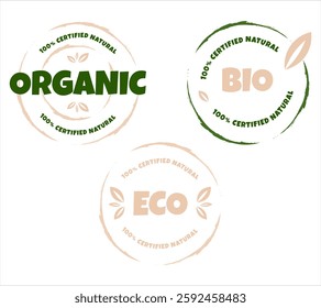 Eco, bio, organic and natural products sticker, label, badge and logo. Ecology icon. Logo template with green leaves for organic and eco friendly products. Vector illustration