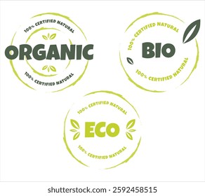 Eco, bio, organic and natural products sticker, label, badge and logo. Ecology icon. Logo template with green leaves for organic and eco friendly products. Vector illustration