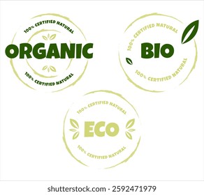 Eco, bio, organic and natural products sticker, label, badge and logo. Ecology icon. Logo template with green leaves for organic and eco friendly products. Vector illustration