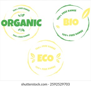 Eco, bio, organic and natural products sticker, label, badge and logo. Ecology icon. Logo template with green leaves for organic and eco friendly products. Vector illustration