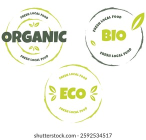 Eco, bio, organic and natural products sticker, label, badge and logo. Ecology icon. Logo template with green leaves for organic and eco friendly products. Vector illustration