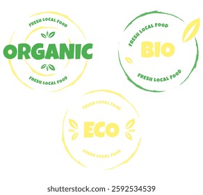 Eco, bio, organic and natural products sticker, label, badge and logo. Ecology icon. Logo template with green leaves for organic and eco friendly products. Vector illustration