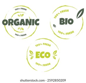 Eco, bio, organic and natural products sticker, label, badge and logo. Ecology icon. Logo template with green leaves for organic and eco friendly products. Vector illustration