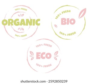 Eco, bio, organic and natural products sticker, label, badge and logo. Ecology icon. Logo template with green leaves for organic and eco friendly products. Vector illustration