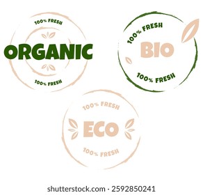 Eco, bio, organic and natural products sticker, label, badge and logo. Ecology icon. Logo template with green leaves for organic and eco friendly products. Vector illustration